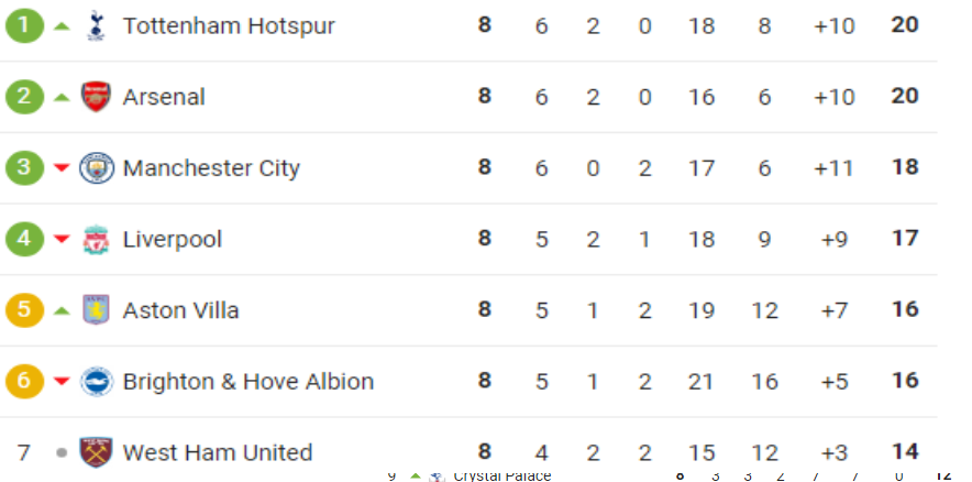 Tottenham đứng đầu bảng xếp hạng ngoại hạng Anh với 20 điểm có được 
